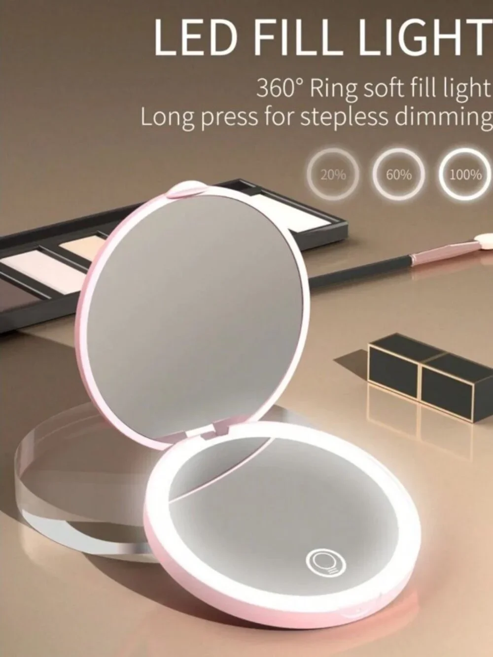 LED Compact Makeup Mirror 1X 2X Magnifying Rechargeable Lighted Pocket